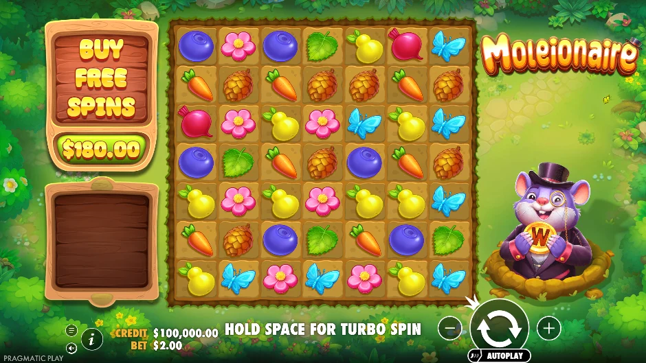 Pantalla de Moleionaire con un topo millonario en un jardín de frutas y flores