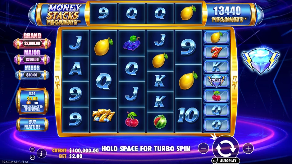 Pantalla de Money Stacks Megaways con pilas de efectivo, tumbles y 117.649 formas de ganar