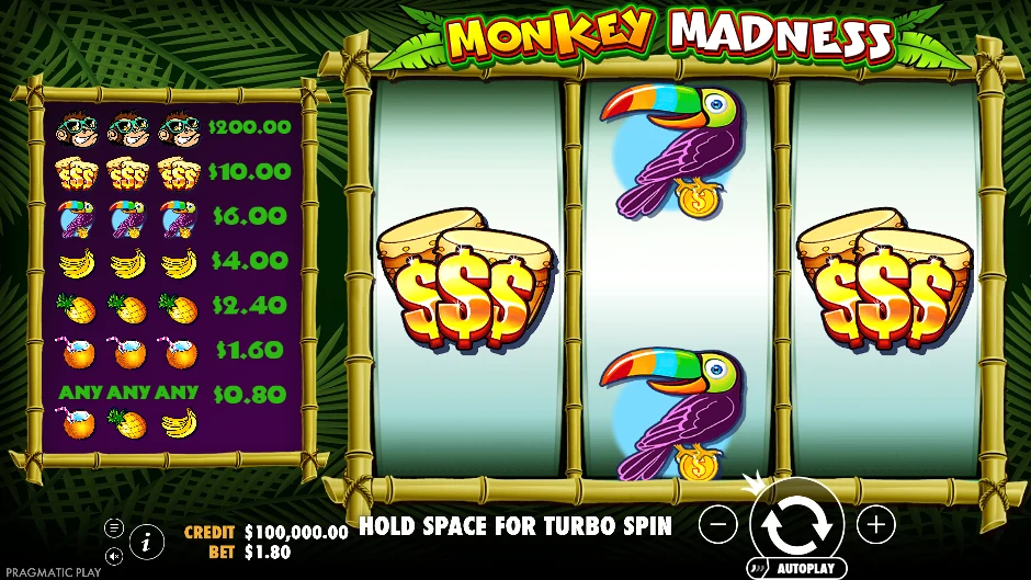 Pantalla de Monkey Madness con monos traviesos entre frutas tropicales