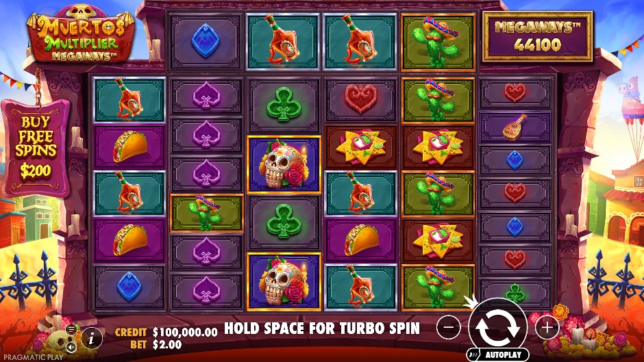 Pantalla de Muertos Multiplier Megaways con calaveras, tacos y cactus del Día de Muertos