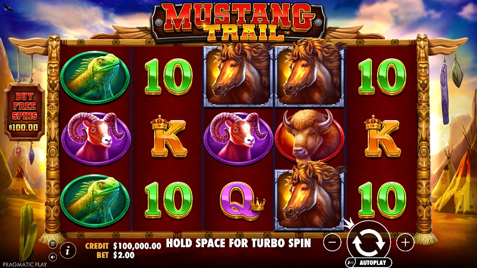 Pantalla de Mustang Trail con una ruta del Oeste con caballos y forajidos