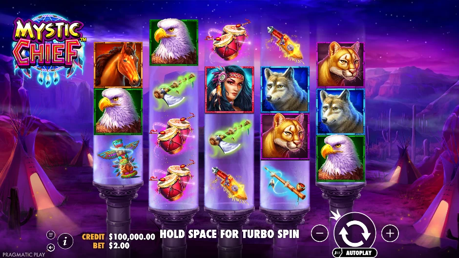 Pantalla de Mystic Chief con un jefe espiritual, tótems y animales sagrados