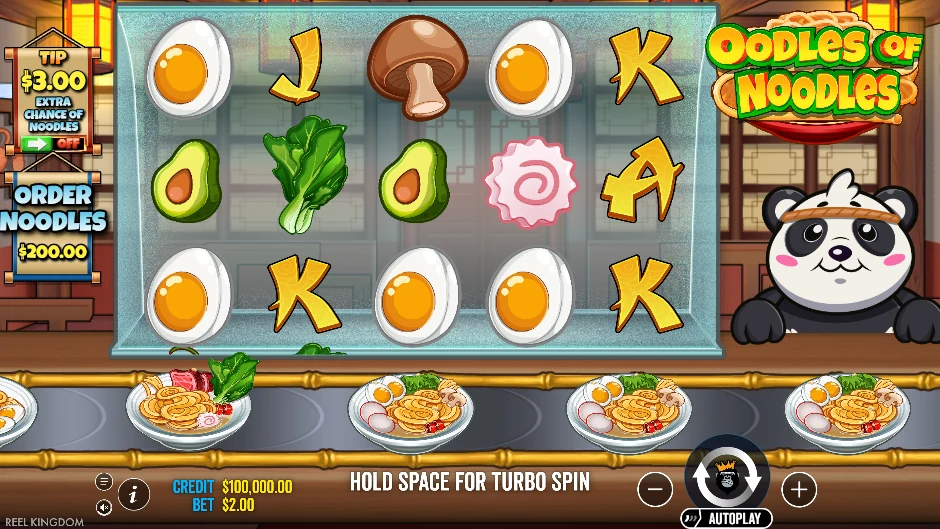 Pantalla de Oodles of Noodles con tazones de noodles y una cocina asiática animada