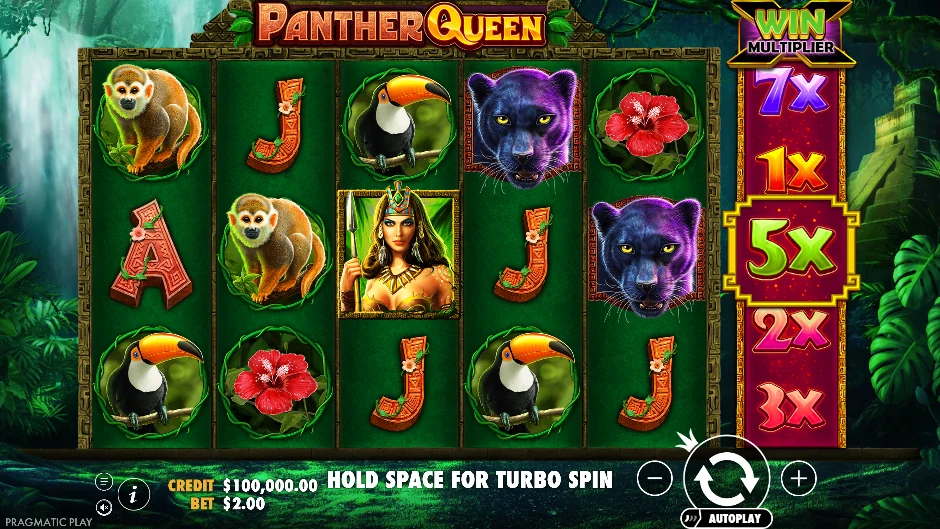 Pantalla de Panther Queen con una reina felina entre templos y joyas