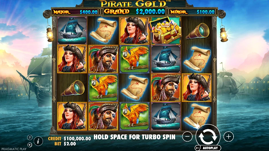 Pantalla de Pirate Gold con un capitán pirata y su tesoro