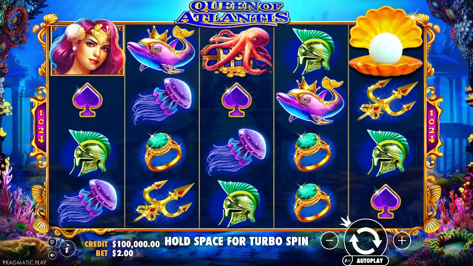 Pantalla de Queen of Atlantis con una reina submarina entre corales y reliquias