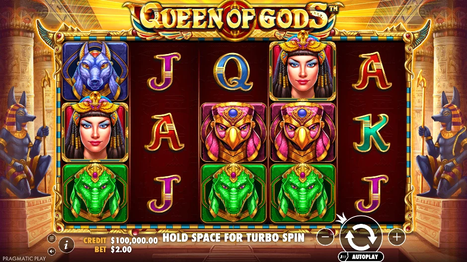 Pantalla de Queen of Gods con una diosa soberana entre templos mitológicos