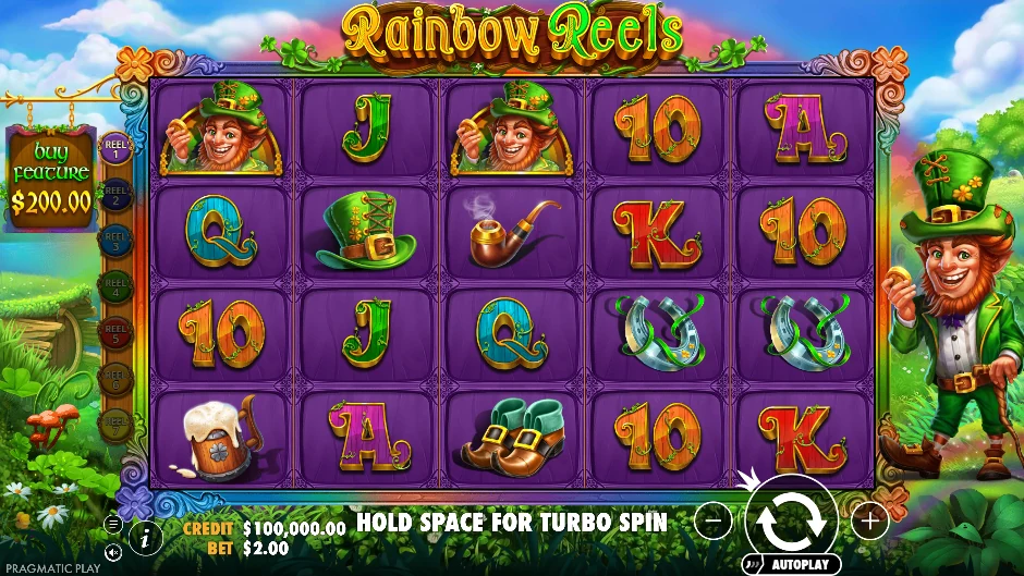 Pantalla de Rainbow Reels con un leprechaun y símbolos ocultos bajo siete capas