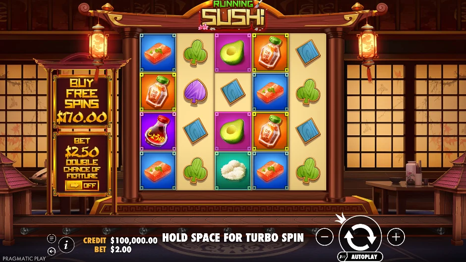 Pantalla de Running Sushi con platos japoneses sobre una cinta transportadora