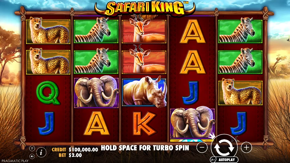 Pantalla de Safari King con un rey explorador y animales africanos