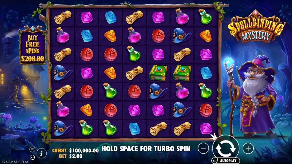 Pantalla de Spellbinding Mystery con una hechicera entre libros y pociones