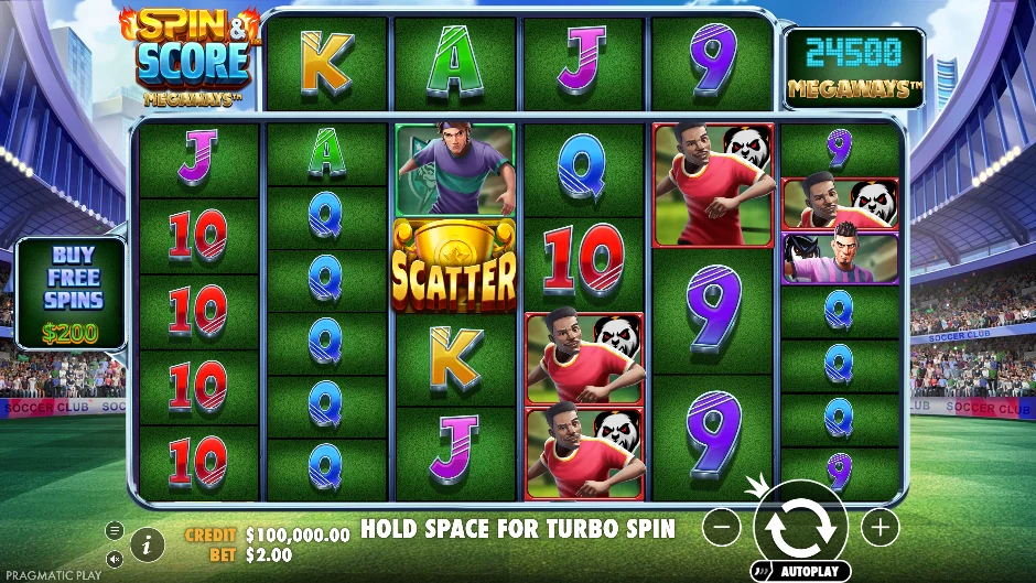 Pantalla de Spin & Score Megaways con una competición deportiva sobre rodillos variables