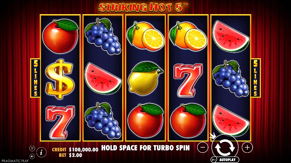 Pantalla de Striking Hot 5 con cinco líneas de frutas y símbolos calientes