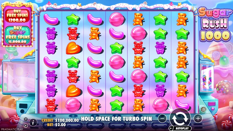 Pantalla de Sugar Rush 1000 con caramelos sobre una cuadrícula de clusters