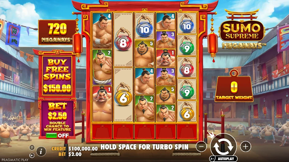 Pantalla de Sumo Supreme Megaways con luchadores de sumo en rodillos variables