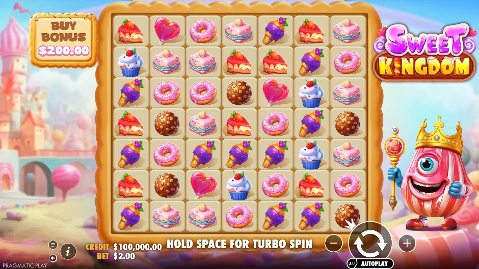 Pantalla de Sweet Kingdom con un reino gobernado por dulces y pasteles