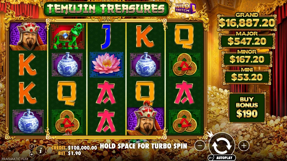 Pantalla de Temujin Treasures con Temujin y tesoros de las estepas