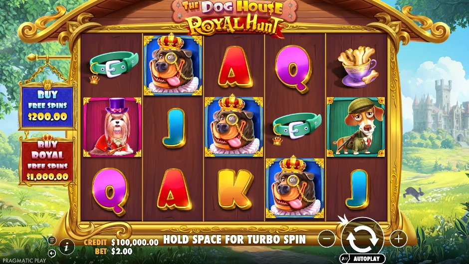 Pantalla de The Dog House – Royal Hunt con perros aristocráticos en una cacería real