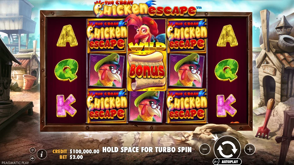 Pantalla de The Great Chicken Escape con gallinas escapando de una granja vigilada