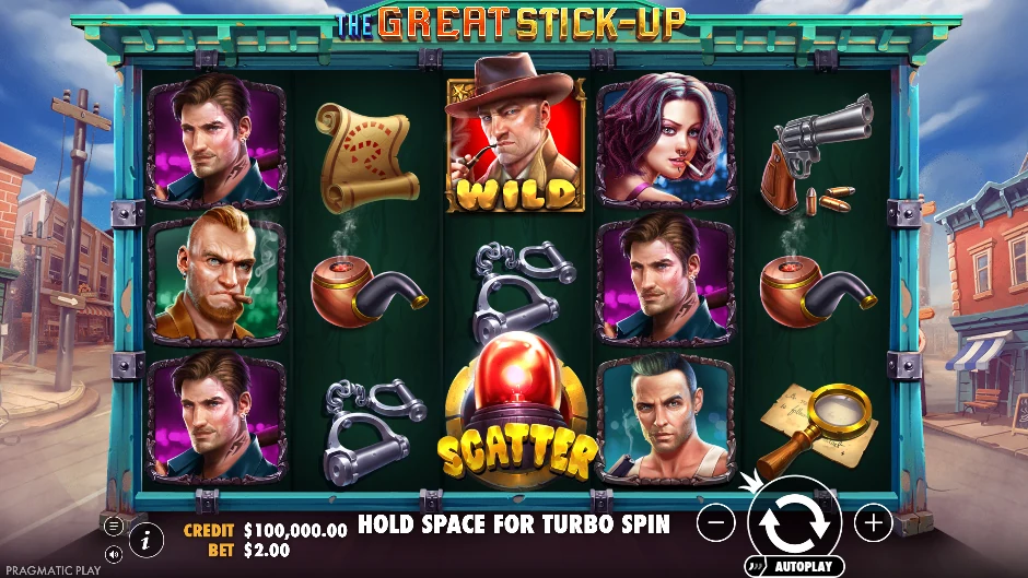 Pantalla de The Great Stick-Up con bandidos asaltando un pueblo rural estadounidense