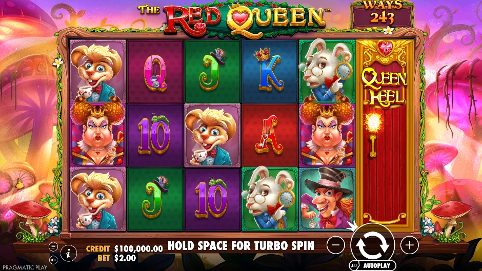 Pantalla de The Red Queen con la Reina Roja, el conejo blanco y un sombrerero excéntrico