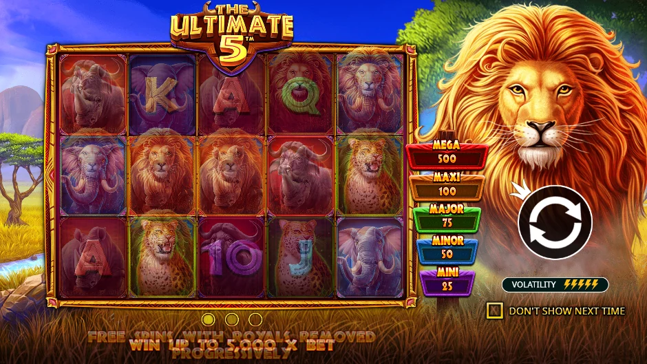 Pantalla de The Ultimate 5 con cinco líneas de frutas, barras y sietes
