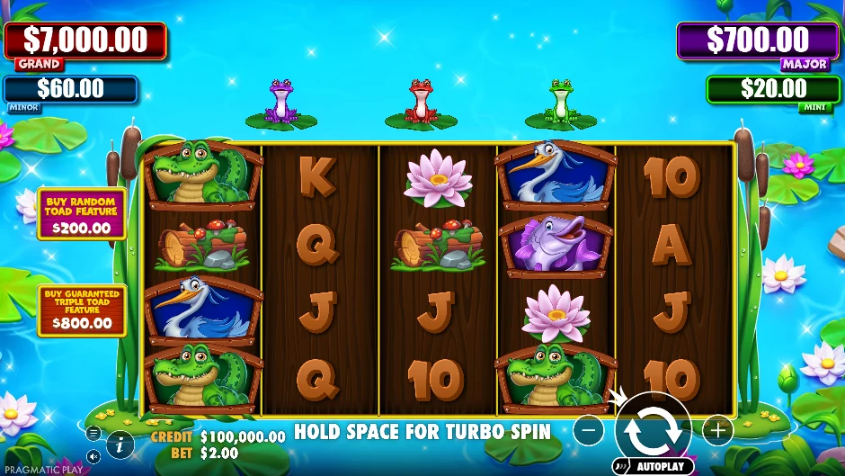 Pantalla de Tiny Toads con pequeños sapos en un estanque encantado