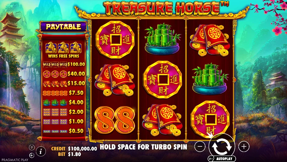 Pantalla de Treasure Horse con un caballo dorado entre monedas y lingotes
