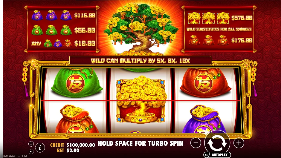 Pantalla de Tree of Riches con un árbol oriental cargado de monedas