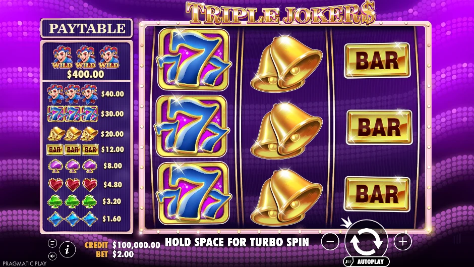 Pantalla de Triple Jokers con tres bufones entre frutas y campanas