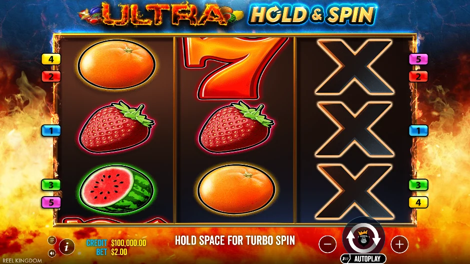 Pantalla de Ultra Hold and Spin con símbolos Money dentro de una máquina de neón