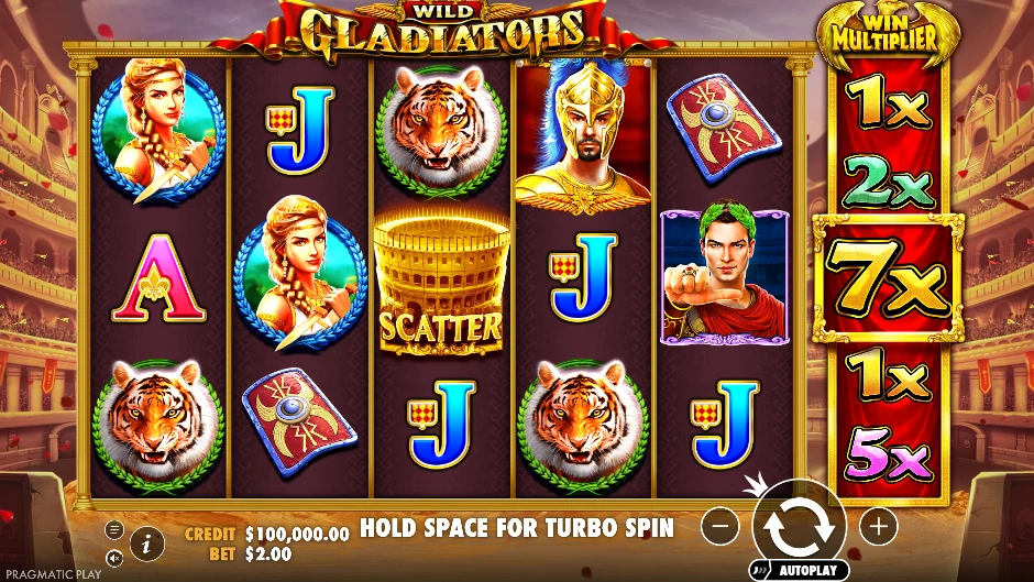 Pantalla de Wild Gladiators con gladiadores combatiendo en una arena romana