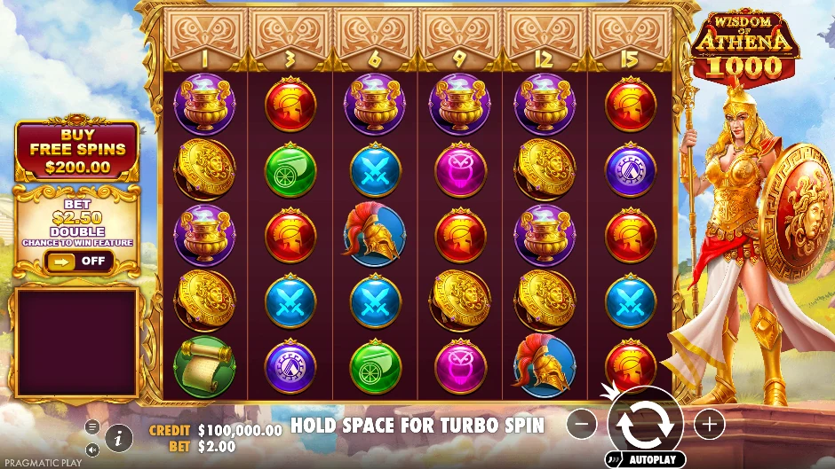 Pantalla de Wisdom of Athena 1000 con Atenea, búhos y reliquias griegas