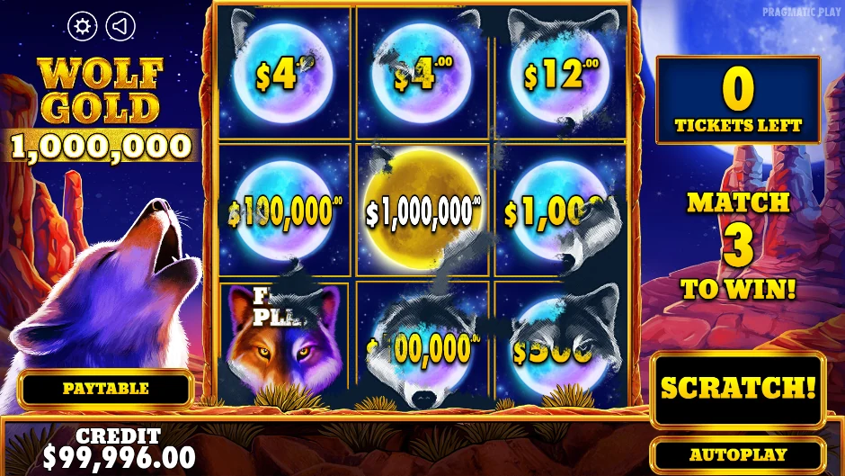 Pantalla de Wolf Gold Scratchcard con lobos y jackpots en formato de tarjeta para rascar