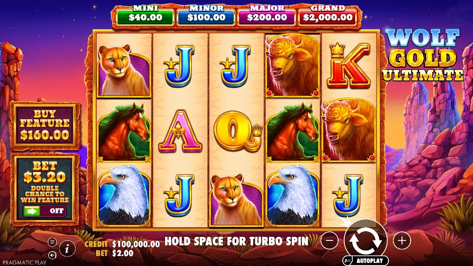 Pantalla de Wolf Gold Ultimate con lobos, águilas y bisontes en una versión ampliada