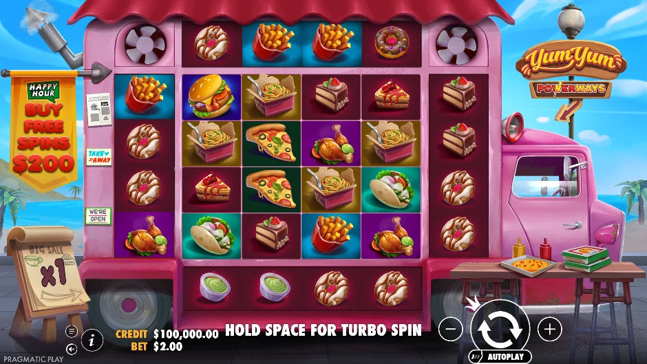 Pantalla de Yum Yum PowerWays con dulces y criaturas hambrientas en PowerWays