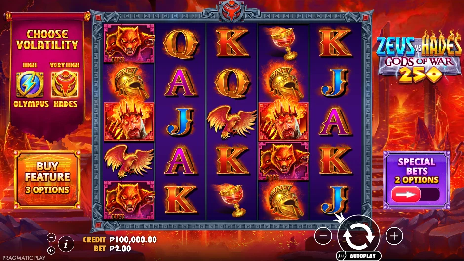 Pantalla de Zeus vs Hades Gods of War 250 con Zeus y Hades enfrentados en una versión 250