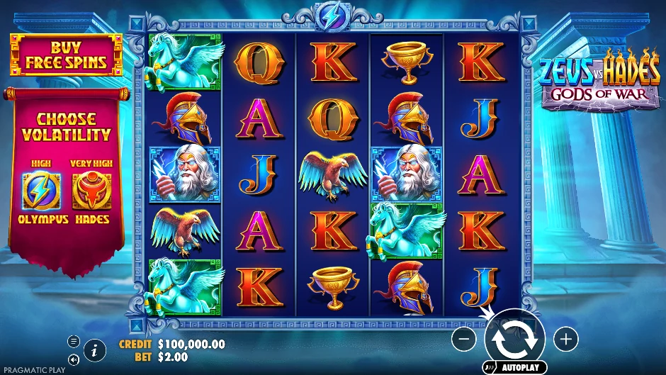 Pantalla de Zeus vs Hades – Gods of War con Zeus y Hades en una guerra mitológica